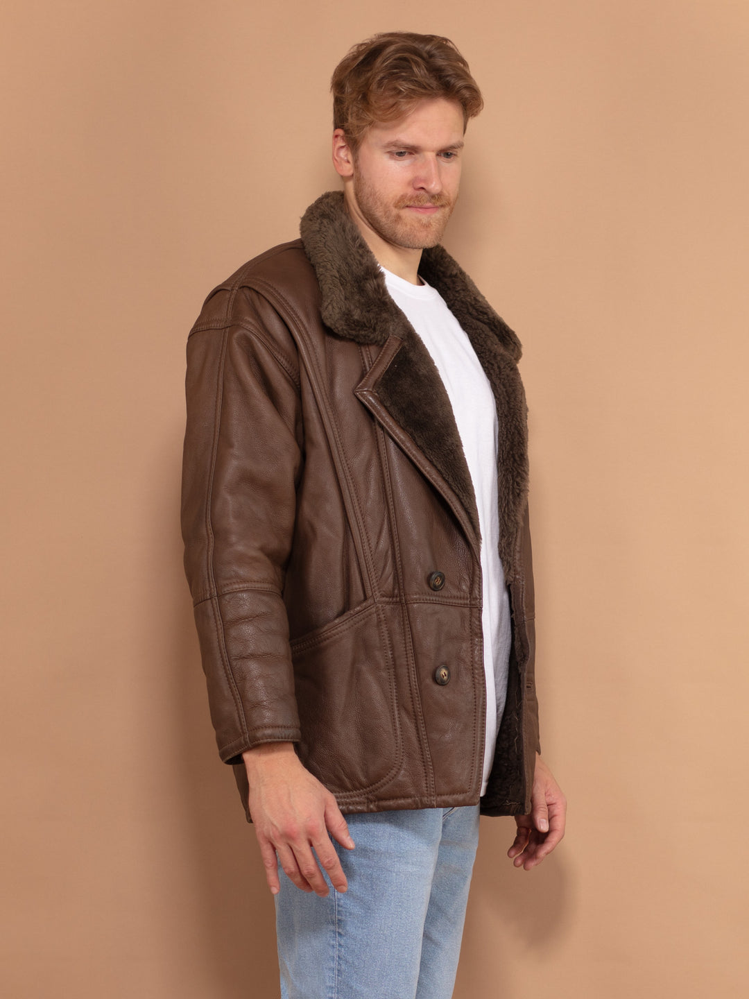 Vintage 80's Men Sheepskin Leather Coat in Brown - NorthernGrip