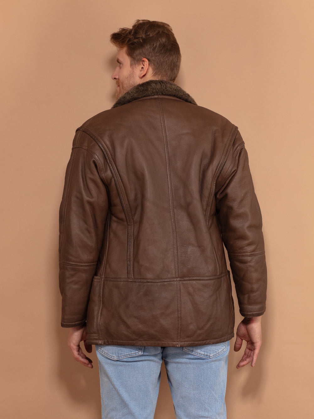 Vintage 80's Men Sheepskin Leather Coat in Brown - NorthernGrip