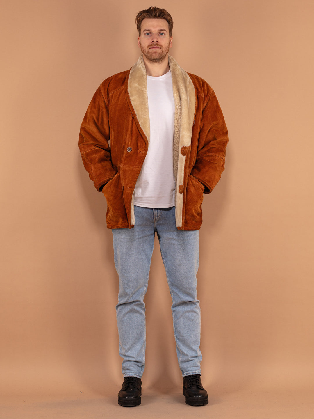 Vintage 80's Men Suede Sherpa Coat in Caramel Brown - NorthernGrip