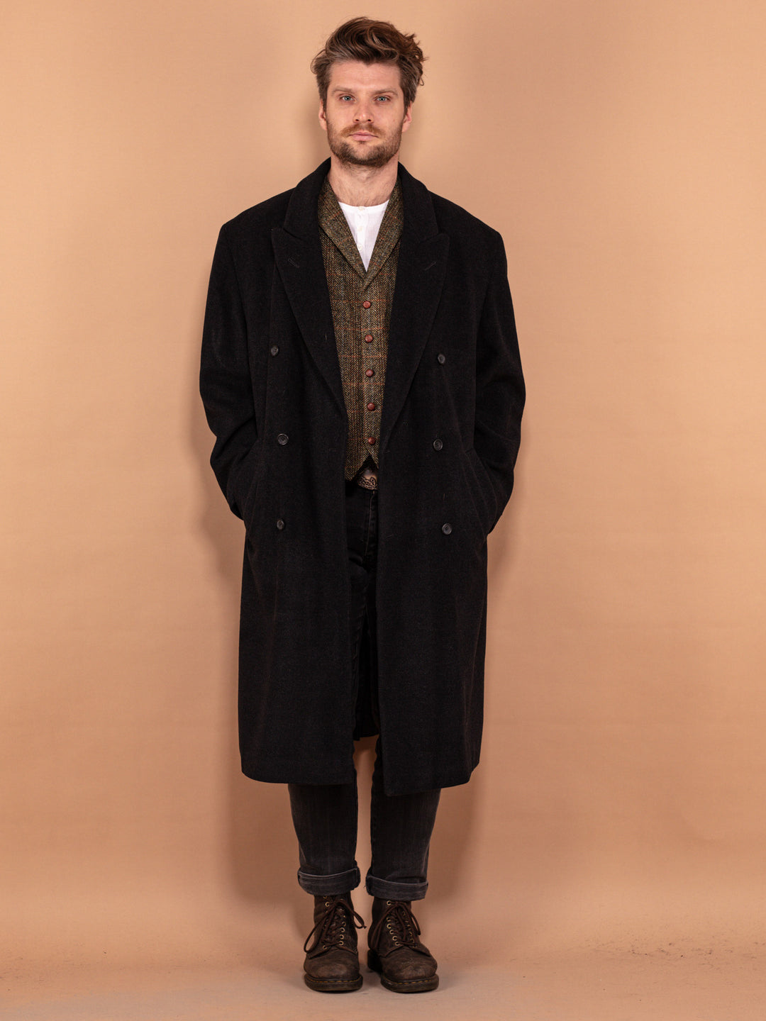 Vintage 80's Men Long Wool Blend Coat in Dark Grey - NorthernGrip