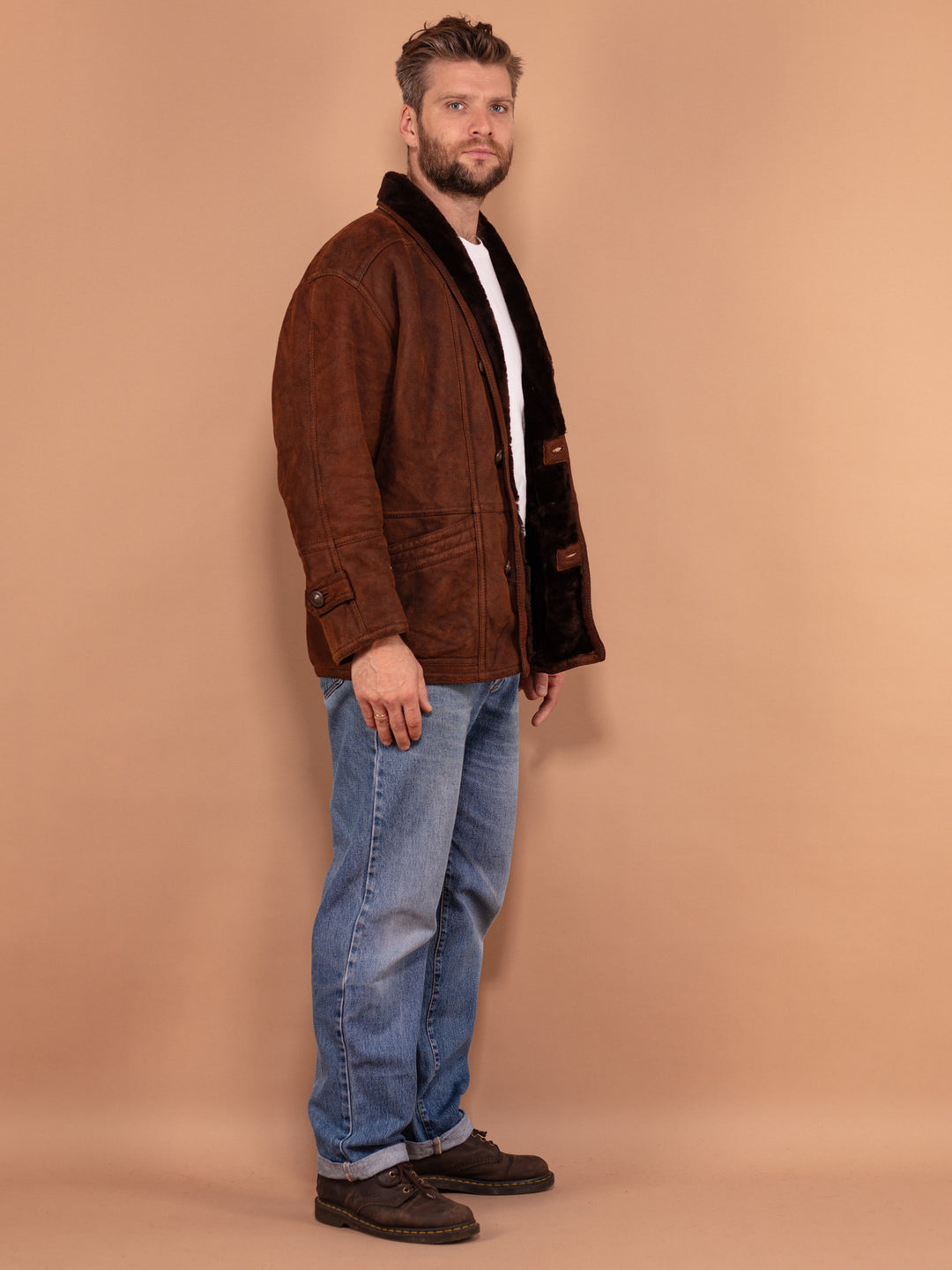 Vintage 80's Men Shearling Suede Coat in Brown - NorthernGrip