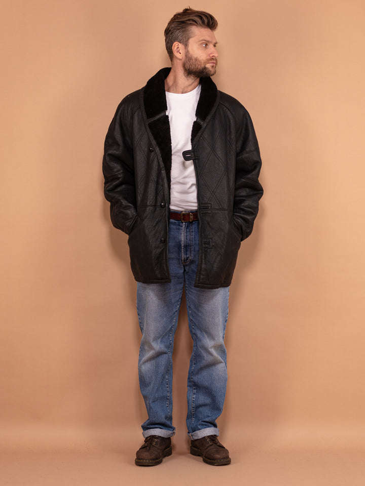 Vintage 80's Men Sheepskin Leather Coat in Black - NorthernGrip