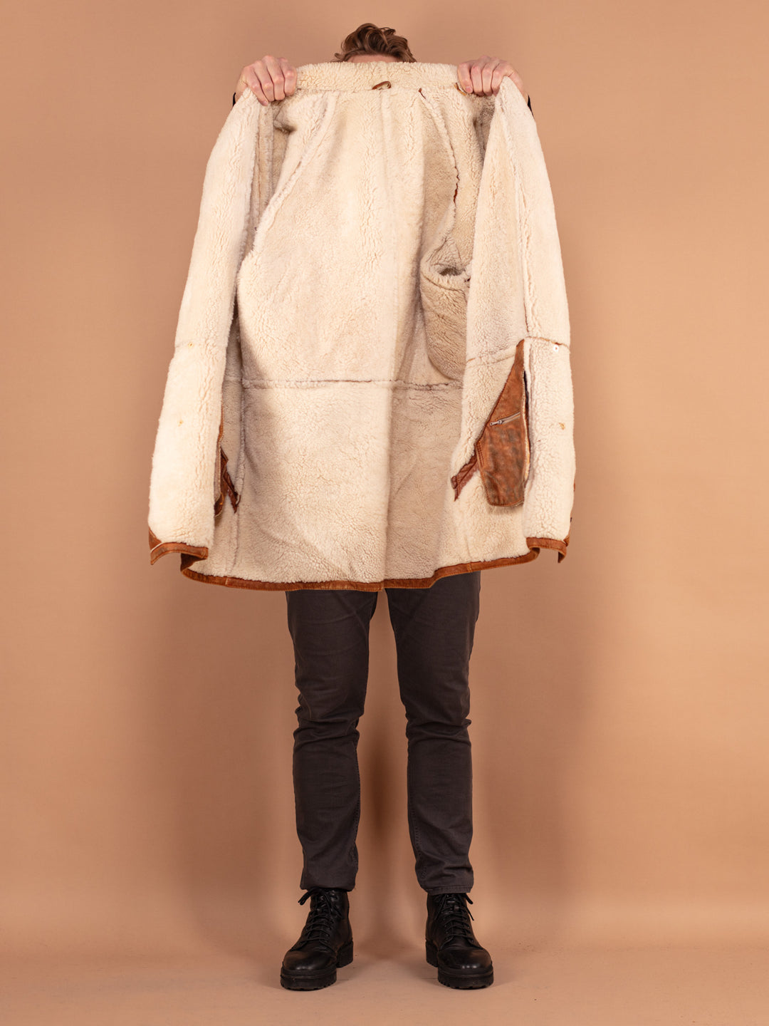 Vintage 80's Men Sheepskin Leather Coat in Brown - NorthernGrip