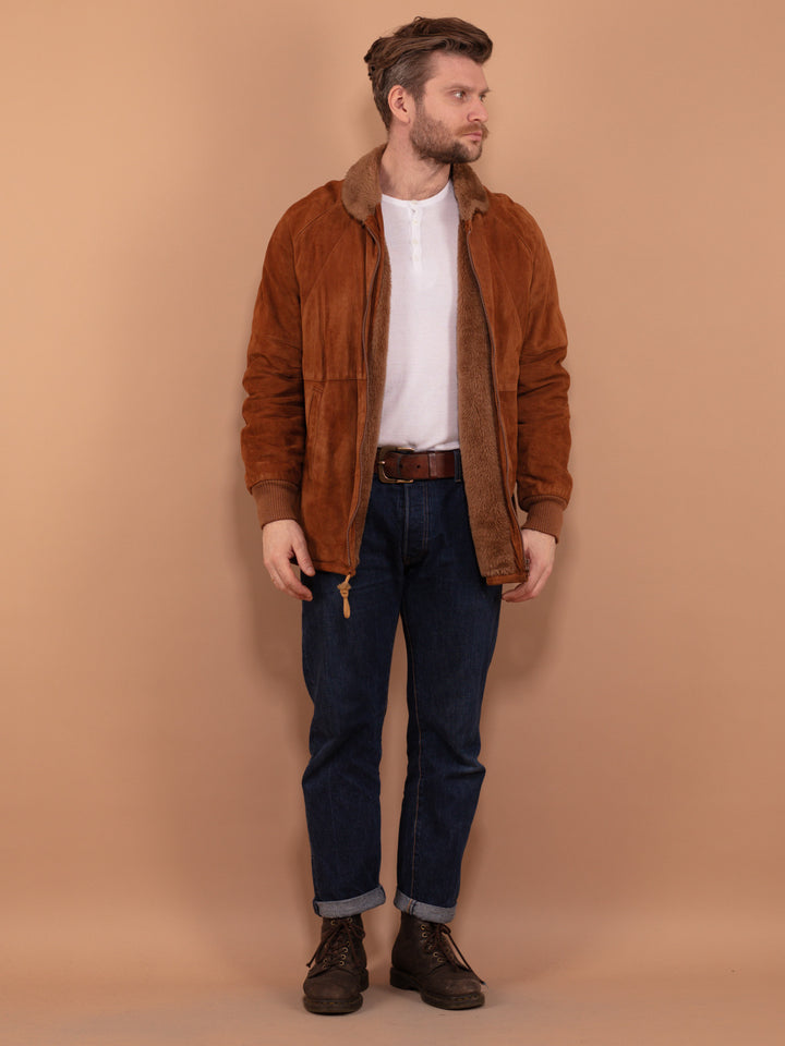 Vintage 80's Men Sherpa Lined Suede Jacket in Brown - NorthernGrip