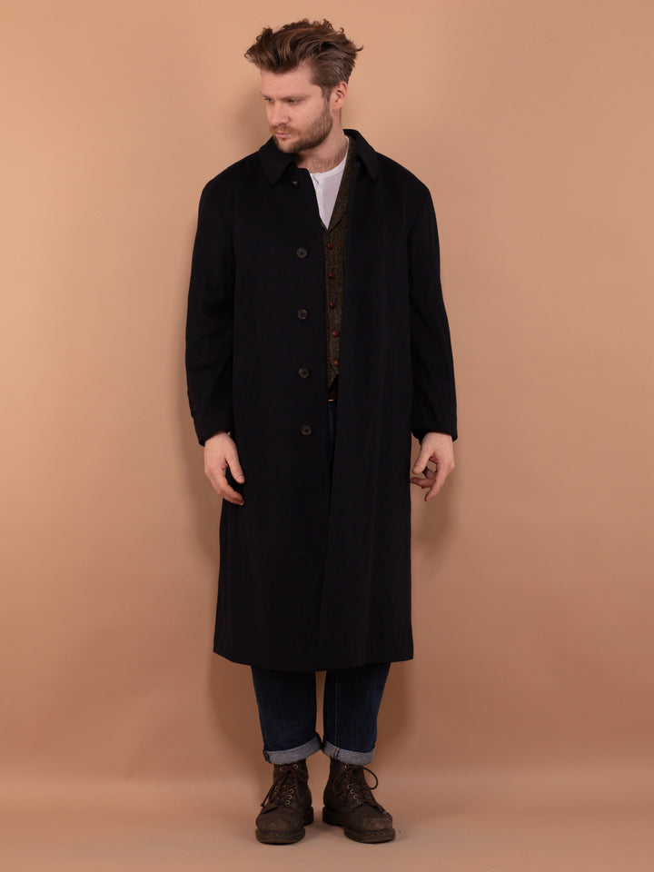 Vintage 80's Men Wool Blend Long Coat in Navy Blue - NorthernGrip