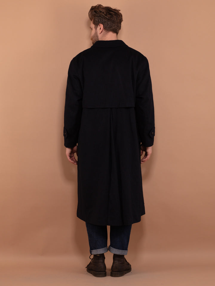 Vintage 80's Men Wool Blend Long Coat in Navy Blue - NorthernGrip