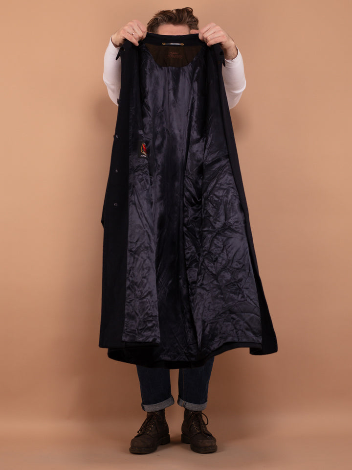 Vintage 80's Men Wool Blend Long Coat in Navy Blue - NorthernGrip