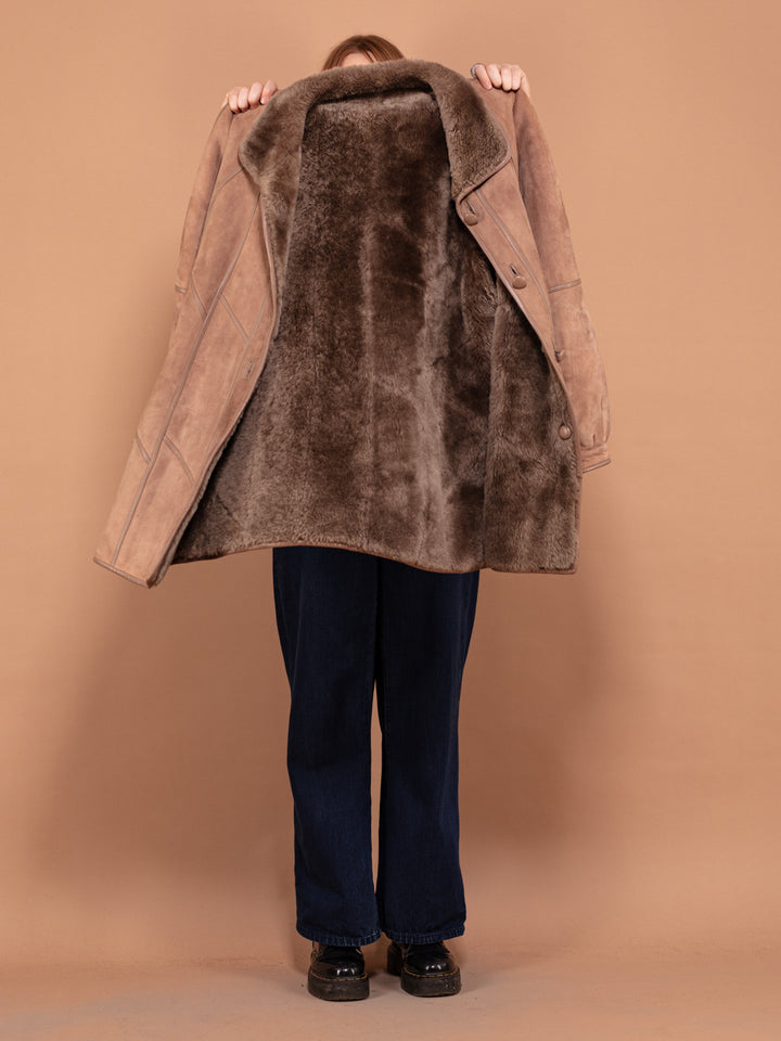Vintage 80's Women Sheepskin Suede Coat in Light Brown - NorthernGrip