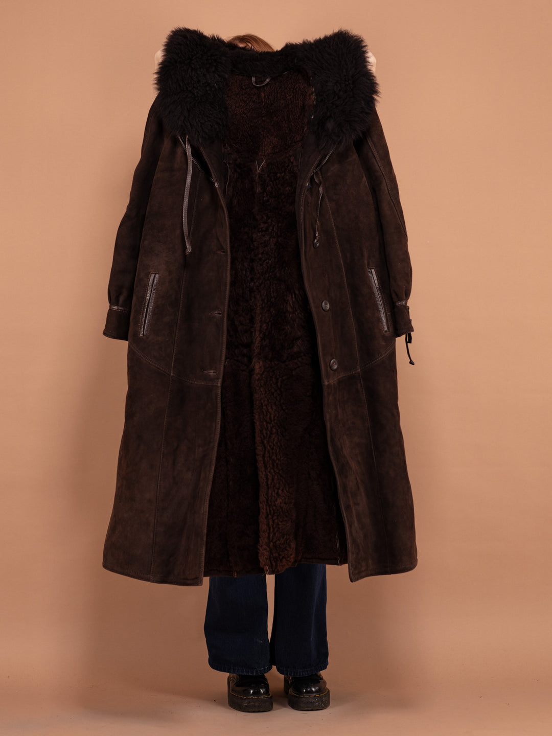 Vintage 80's Women Long Heavy Sheepskin Coat in Brown - NorthernGrip