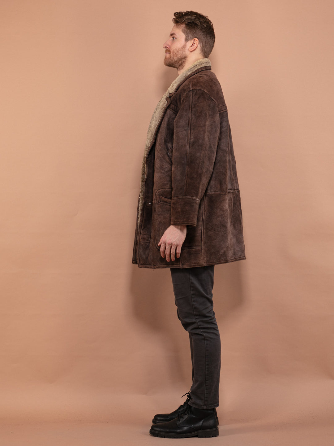 Vintage 90's Men Shearling Suede Coat in Brown - NorthernGrip
