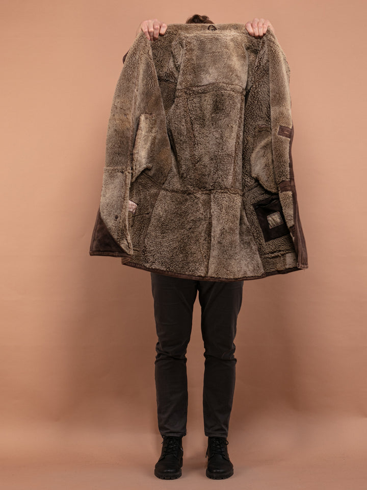 Vintage 90's Men Shearling Suede Coat in Brown - NorthernGrip