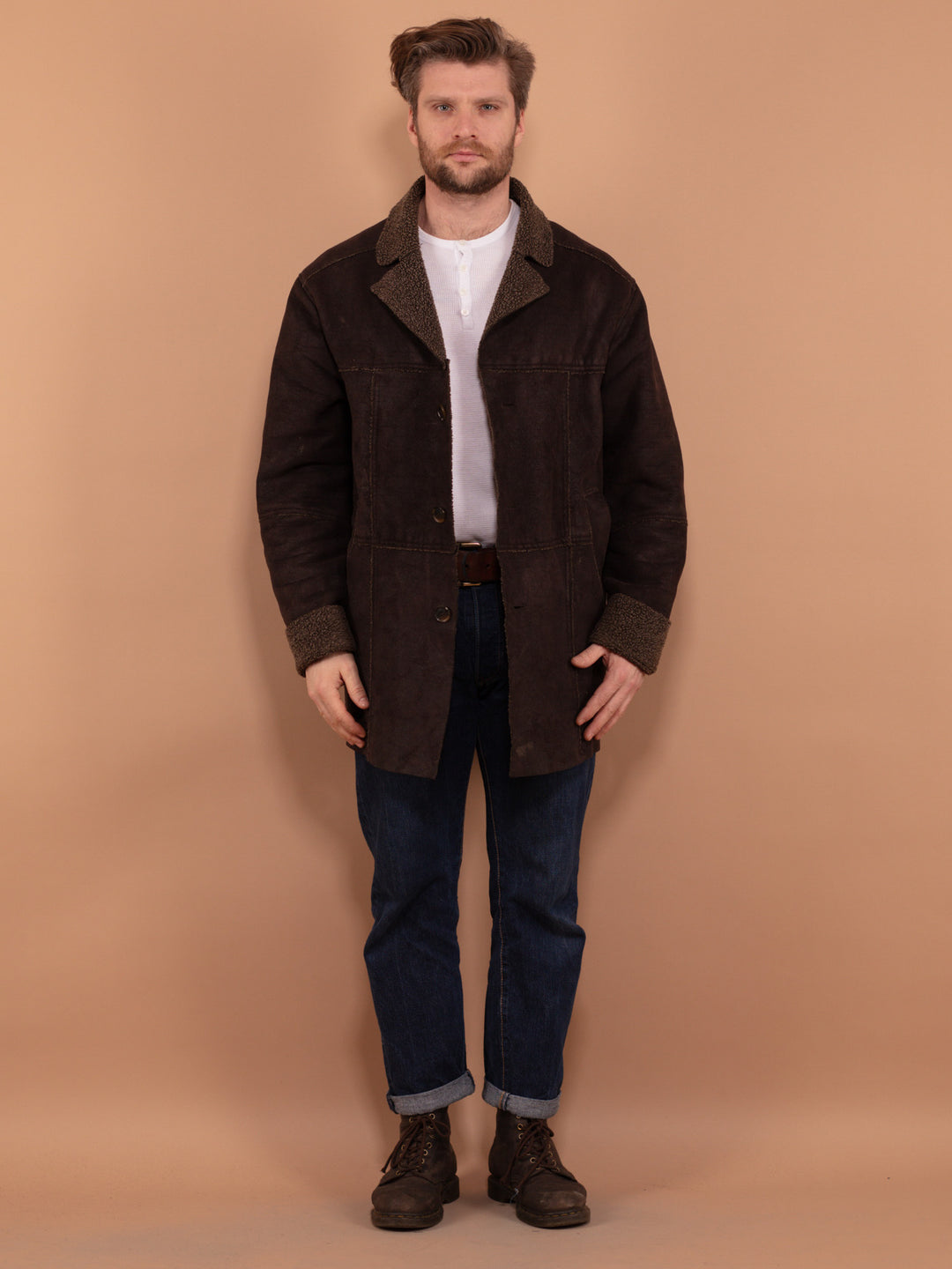 Vintage 90's Men Sherpa Lined Coat in Brown - NorthernGrip