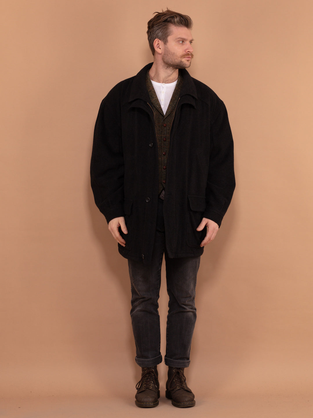 Vintage 90's Men Cashmere Wool Blend Parka Coat in Dark Grey - NorthernGrip