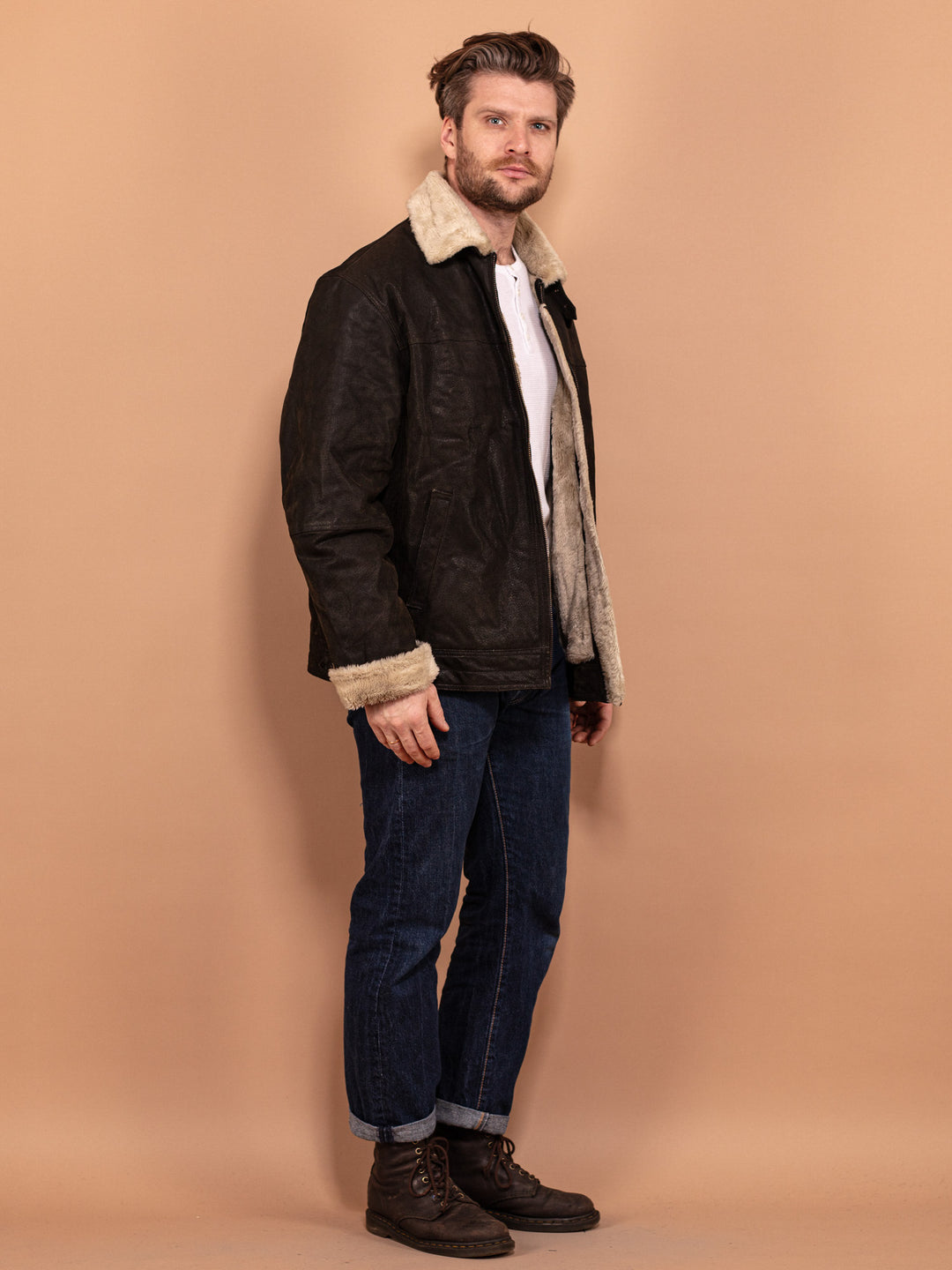 Vintage 90's Men Faux Fur Lined Leather Jacket in Black - NorthernGrip
