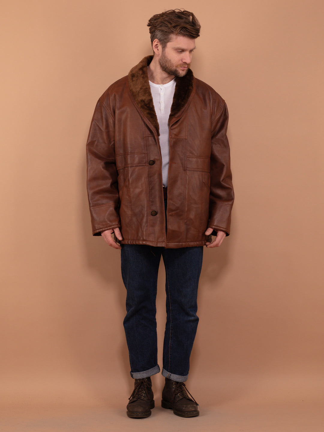 Vintage 90's Men Faux Sheepskin Coat in Brown - NorthernGrip