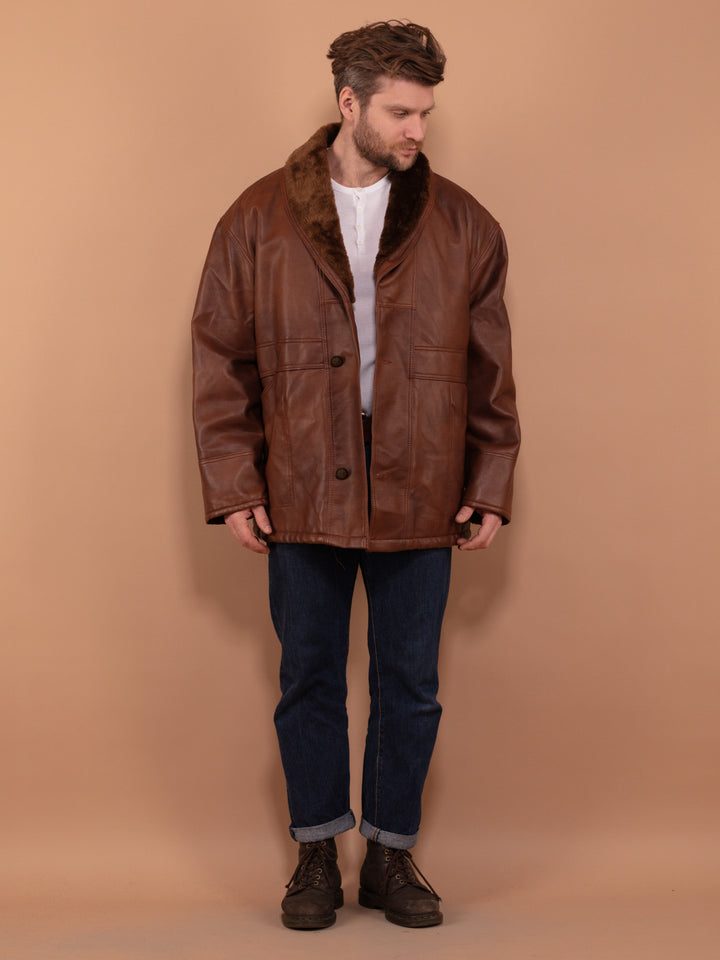 Vintage 90's Men Faux Sheepskin Coat in Brown - NorthernGrip