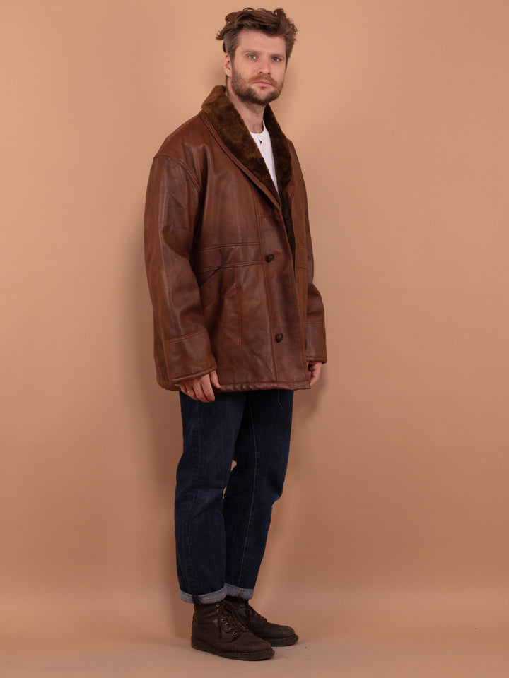 Vintage 90's Men Faux Sheepskin Coat in Brown - NorthernGrip