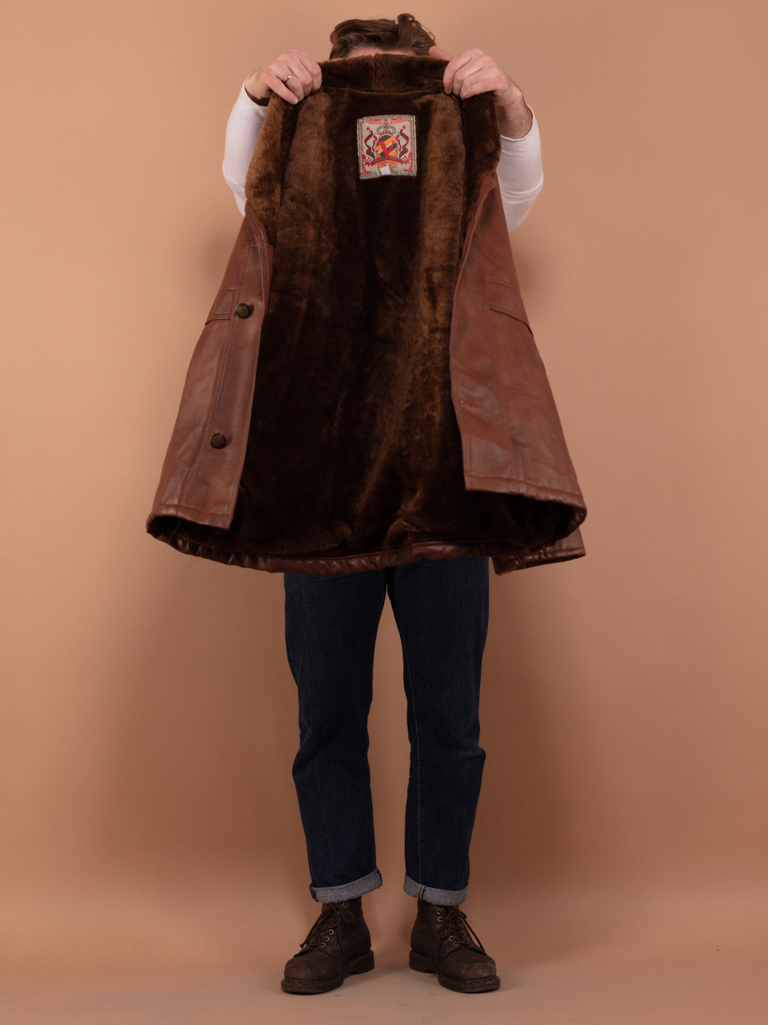 Vintage 90's Men Faux Sheepskin Coat in Brown - NorthernGrip