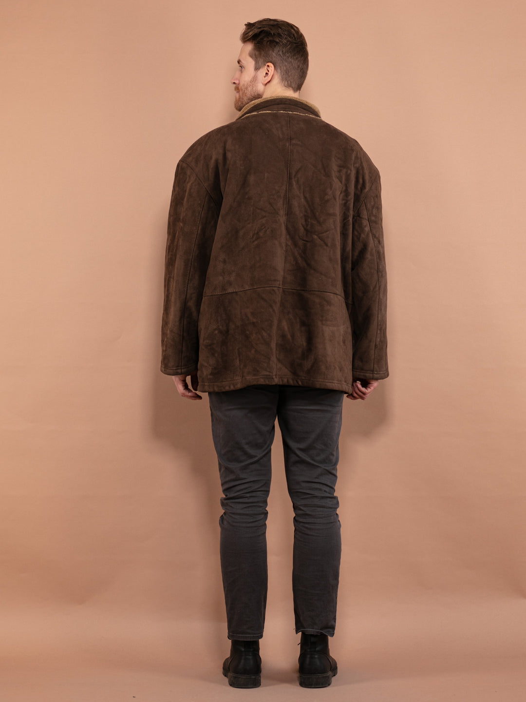 Vintage 90's Men Faux Sheepskin Jacket in Brown - NorthernGrip