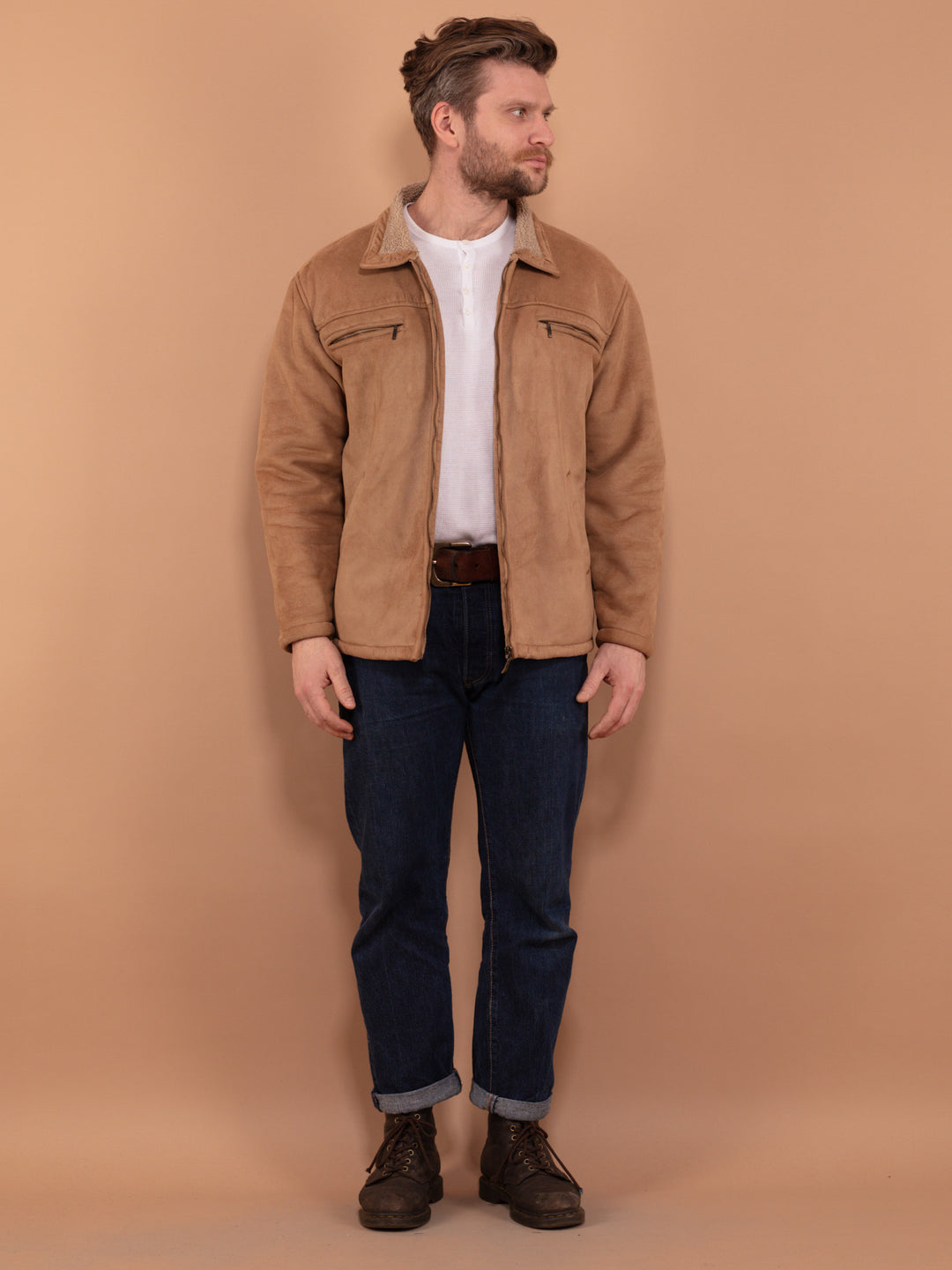 Vintage 90's Men Sherpa Lined Jacket in Beige - NorthernGrip