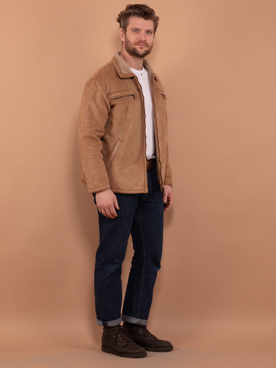 Vintage 90's Men Sherpa Lined Jacket in Beige - NorthernGrip