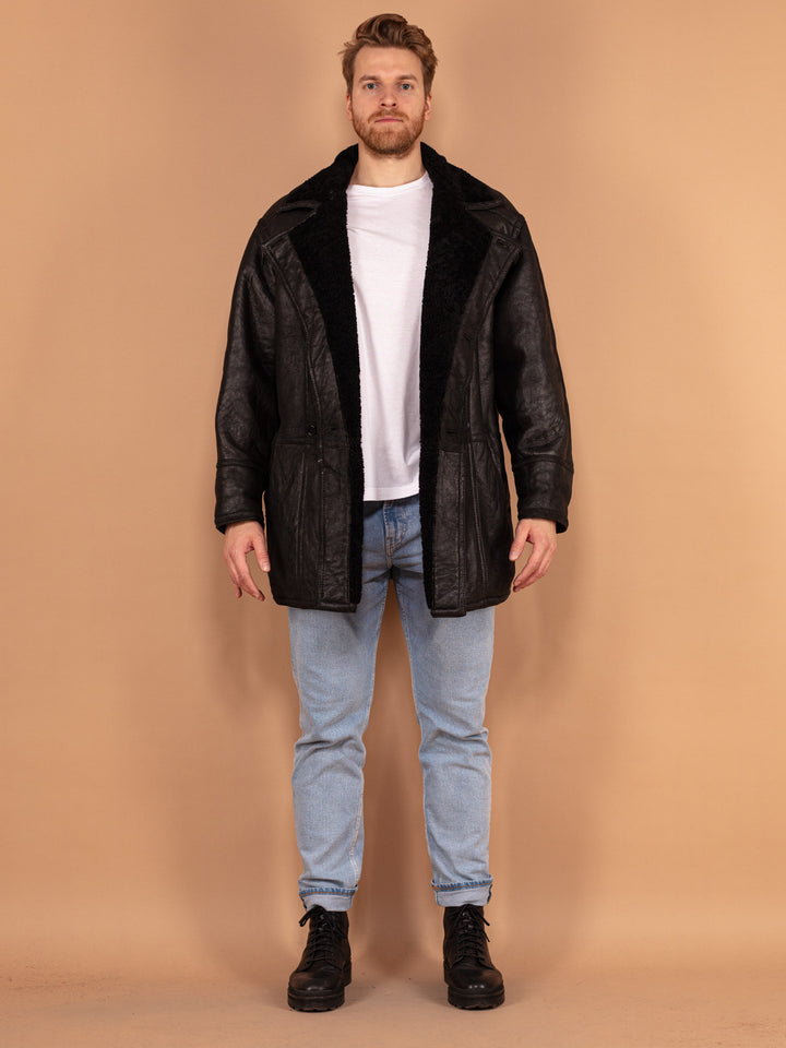 Vintage 90's Men Sheepskin Leather Coat in Black - NorthernGrip