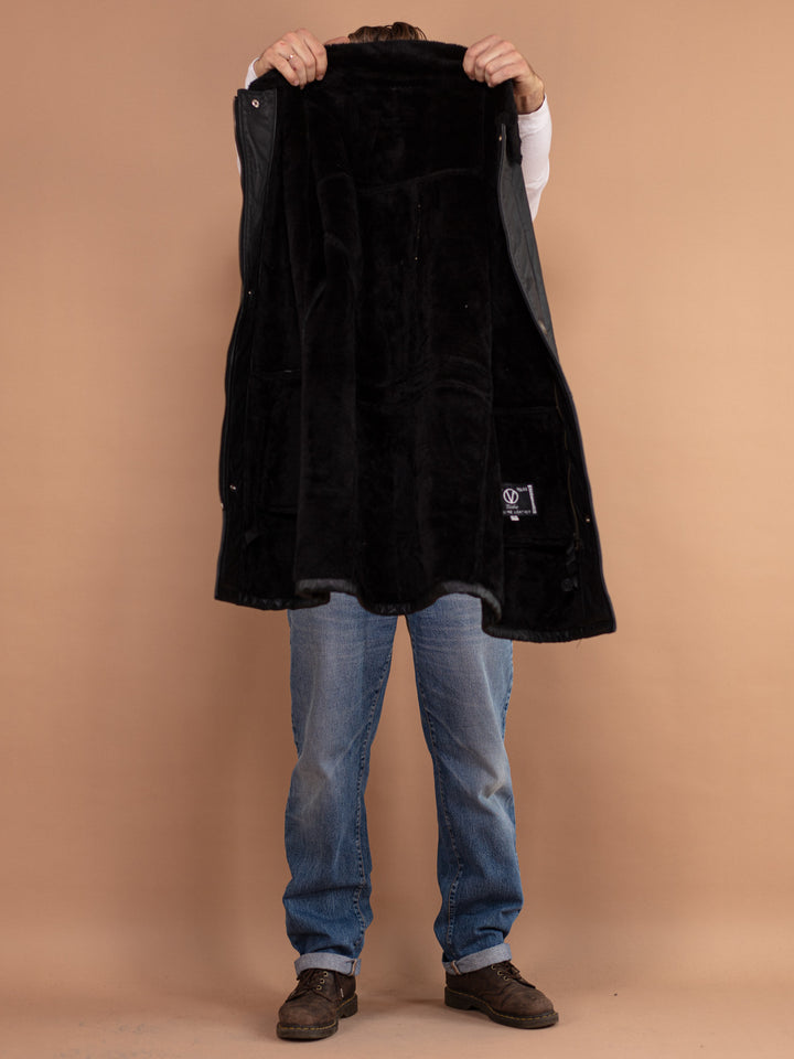 Vintage 90's Men Leather Sherpa Coat in Black - NorthernGrip
