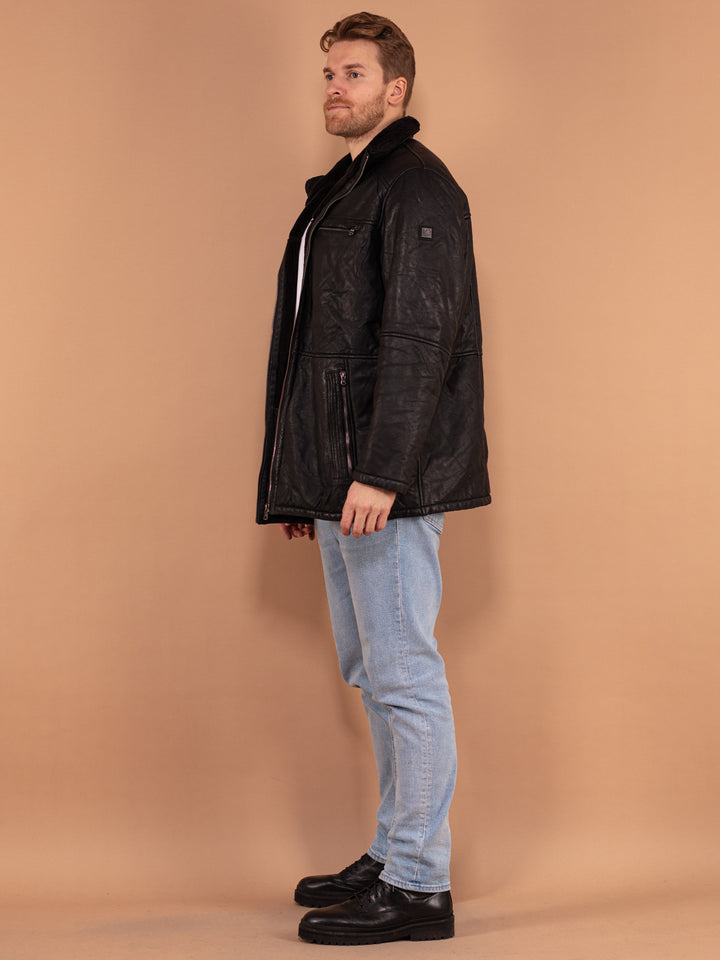 Vintage 90's Men Leather Sherpa Jacket in Black - NorthernGrip