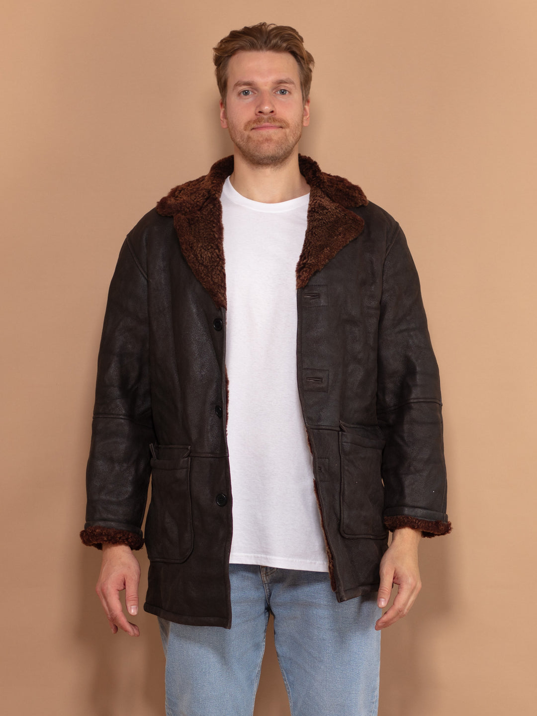 Vintage 90's Men Sherpa Leather Coat in Dark Brown - NorthernGrip