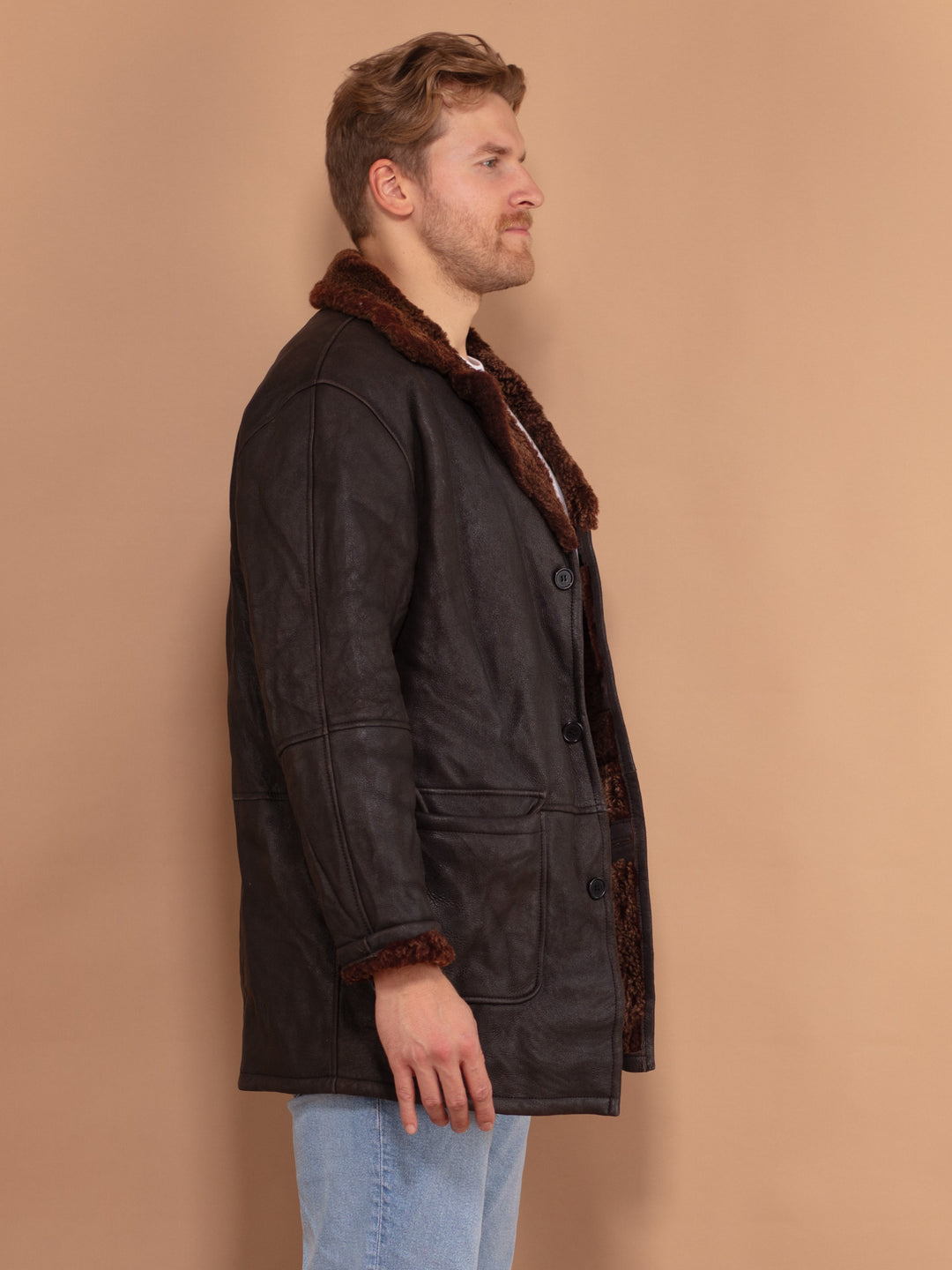 Vintage 90's Men Sherpa Leather Coat in Dark Brown - NorthernGrip