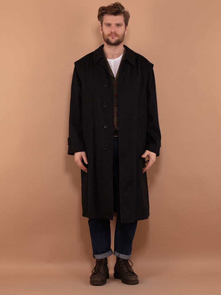 Vintage 90's Men Longline Wool Blend Coat in Dark Grey - NorthernGrip