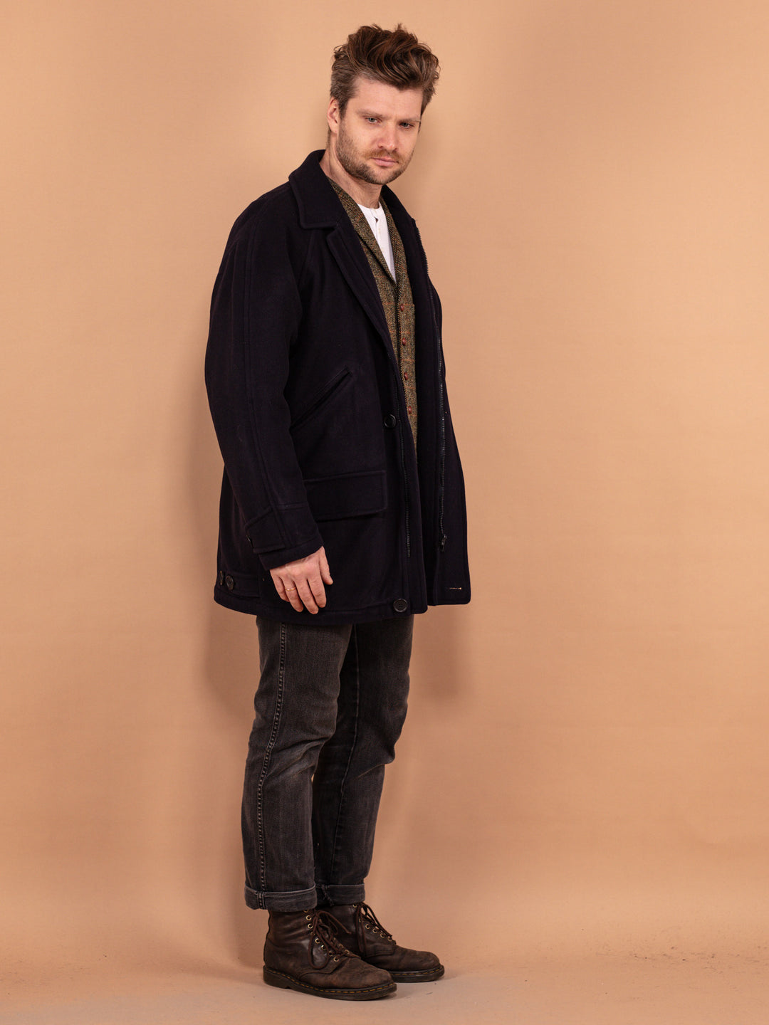 Vintage 90's Men Wool and Cashmere Coat in Navy Blue - NorthernGrip
