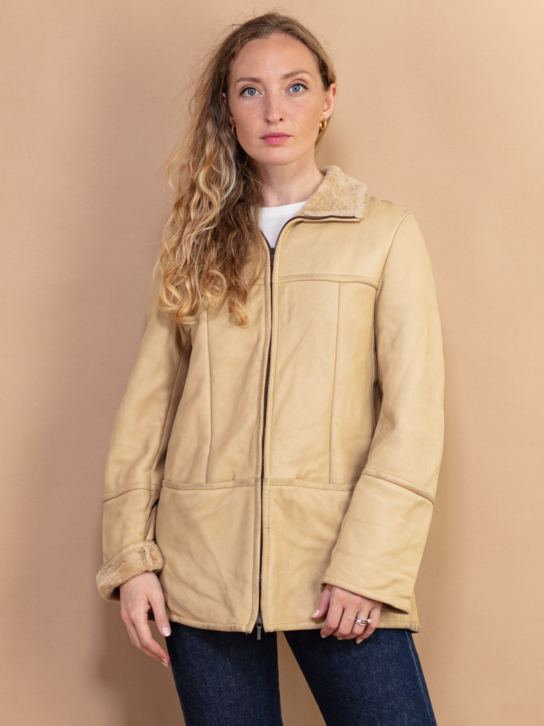 Vintage 90's Women Hugo Boss Sheepskin Leather Coat in Beige - NorthernGrip