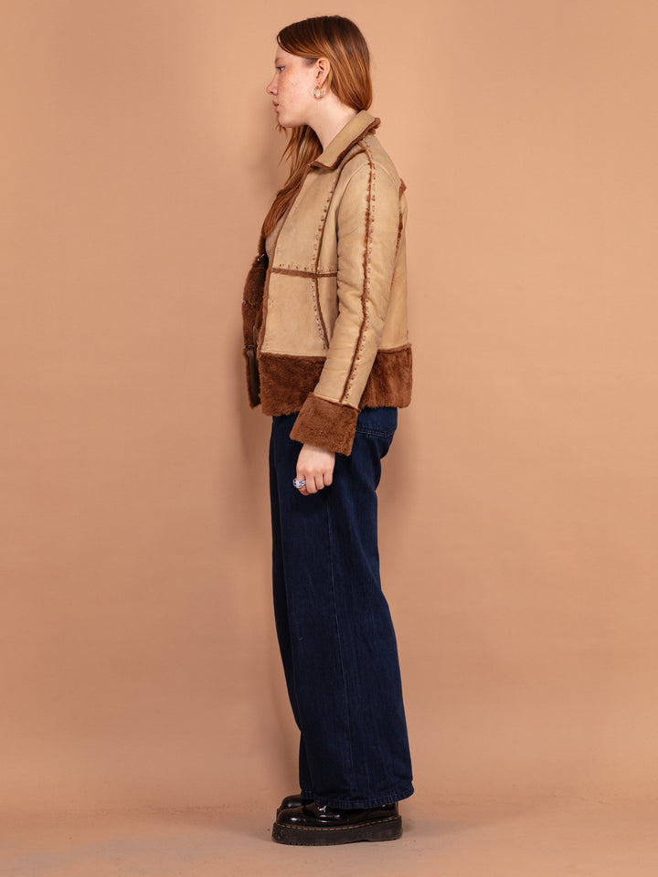 Vintage 90's Women Boho Sheepskin Jacket in Beige - NorthernGrip