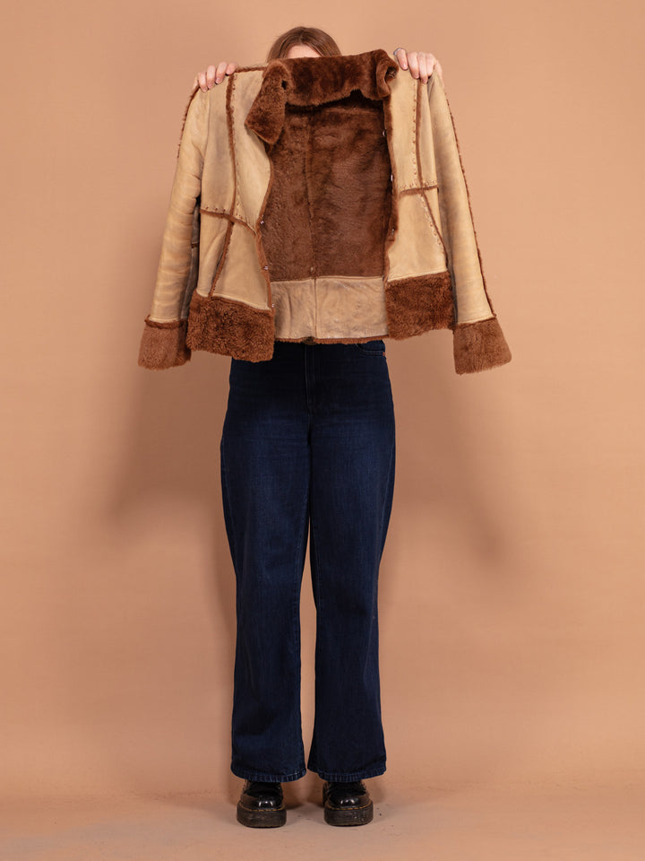 Vintage 90's Women Boho Sheepskin Jacket in Beige - NorthernGrip