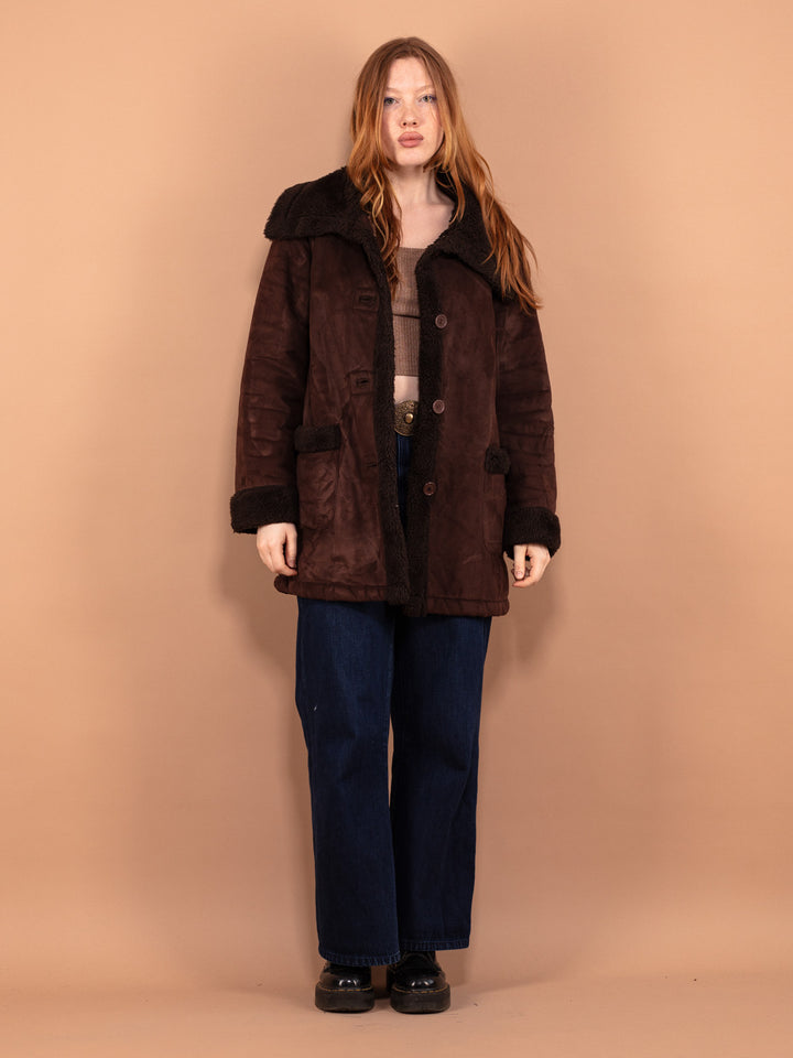 Vintage 90's Women Faux Sheepskin Coat in Dark Brown - NorthernGrip