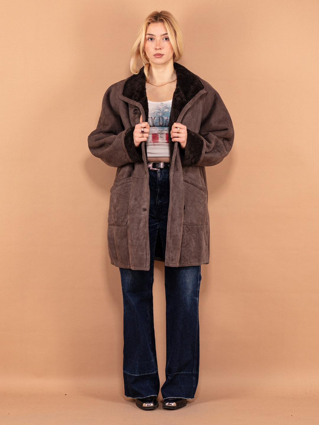 Vintage 90's Women Sheepskin Suede Coat in Grey - NorthernGrip