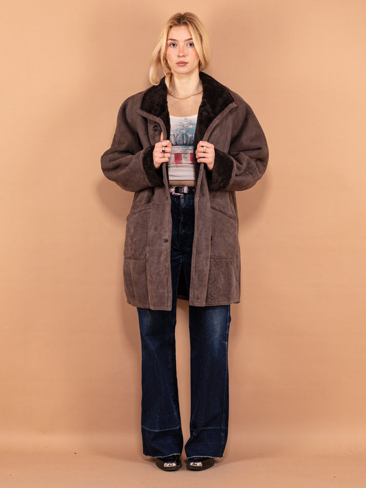 Vintage 90's Women Sheepskin Suede Coat in Grey - NorthernGrip
