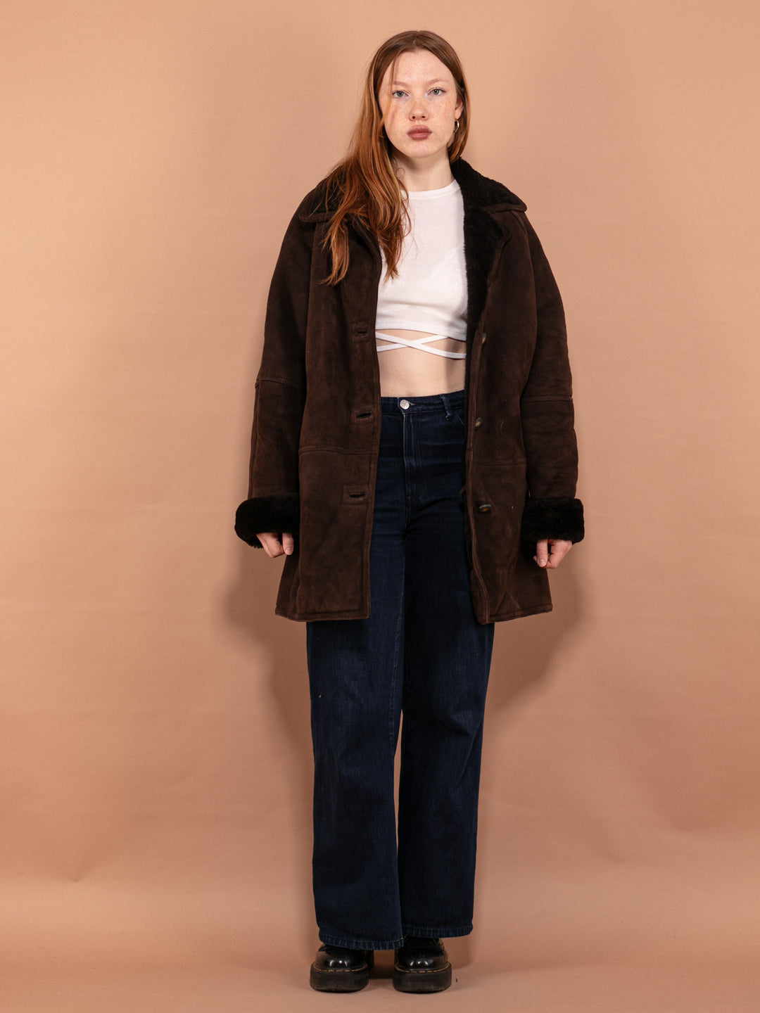 Vintage 90's Women Oversized Shearling Coat in Brown - NorthernGrip
