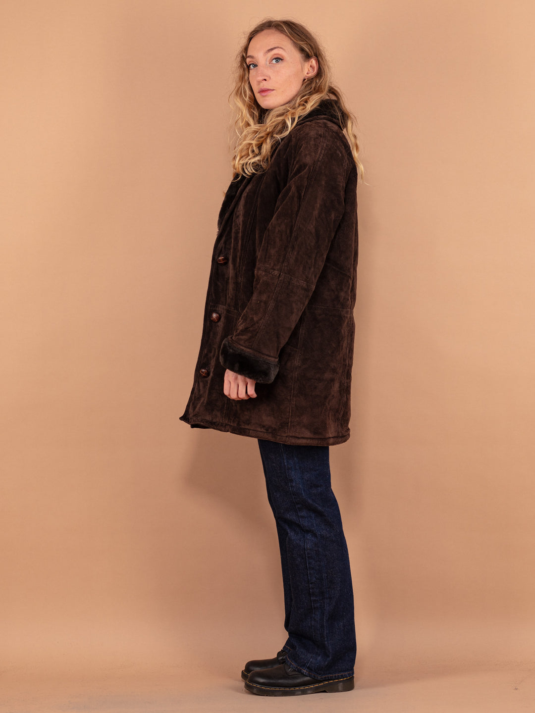 Vintage 90's Women Suede Sherpa Coat in Dark Brown - NorthernGrip