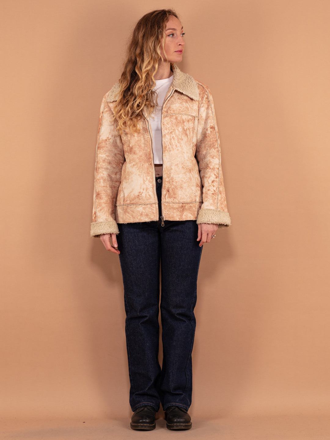 Vintage 90's Women Zip Up Sherpa Jacket in Beige - NorthernGrip