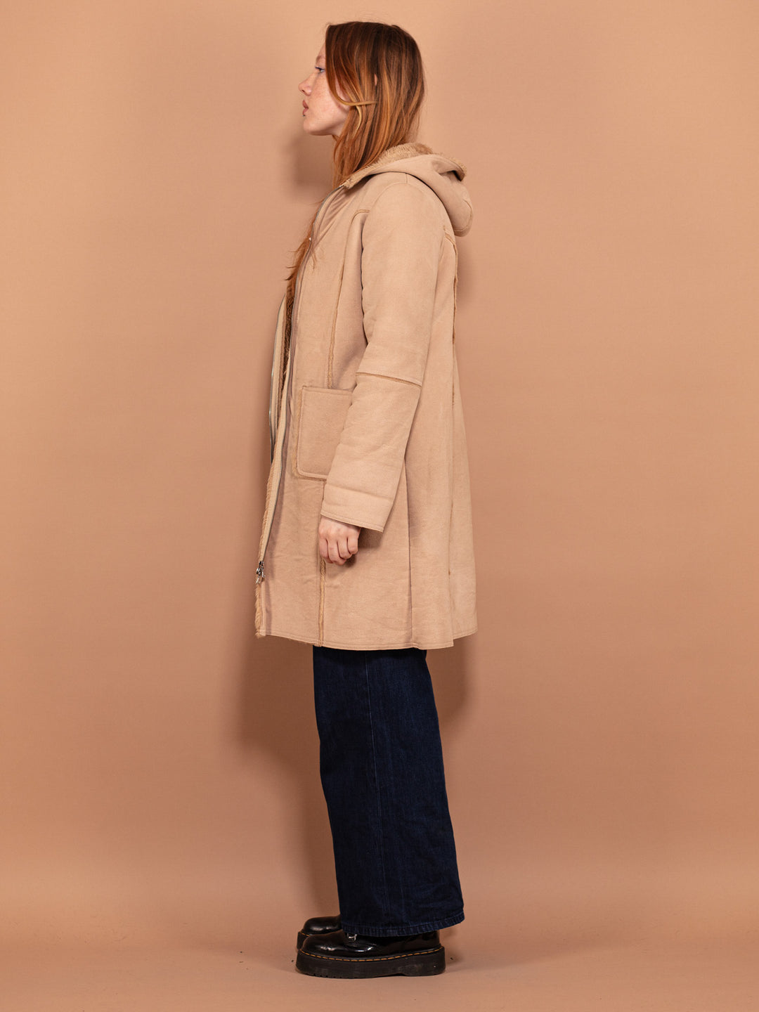 Vintage 00's Women Faux Sheepskin Longline Jacket in Beige - NorthernGrip