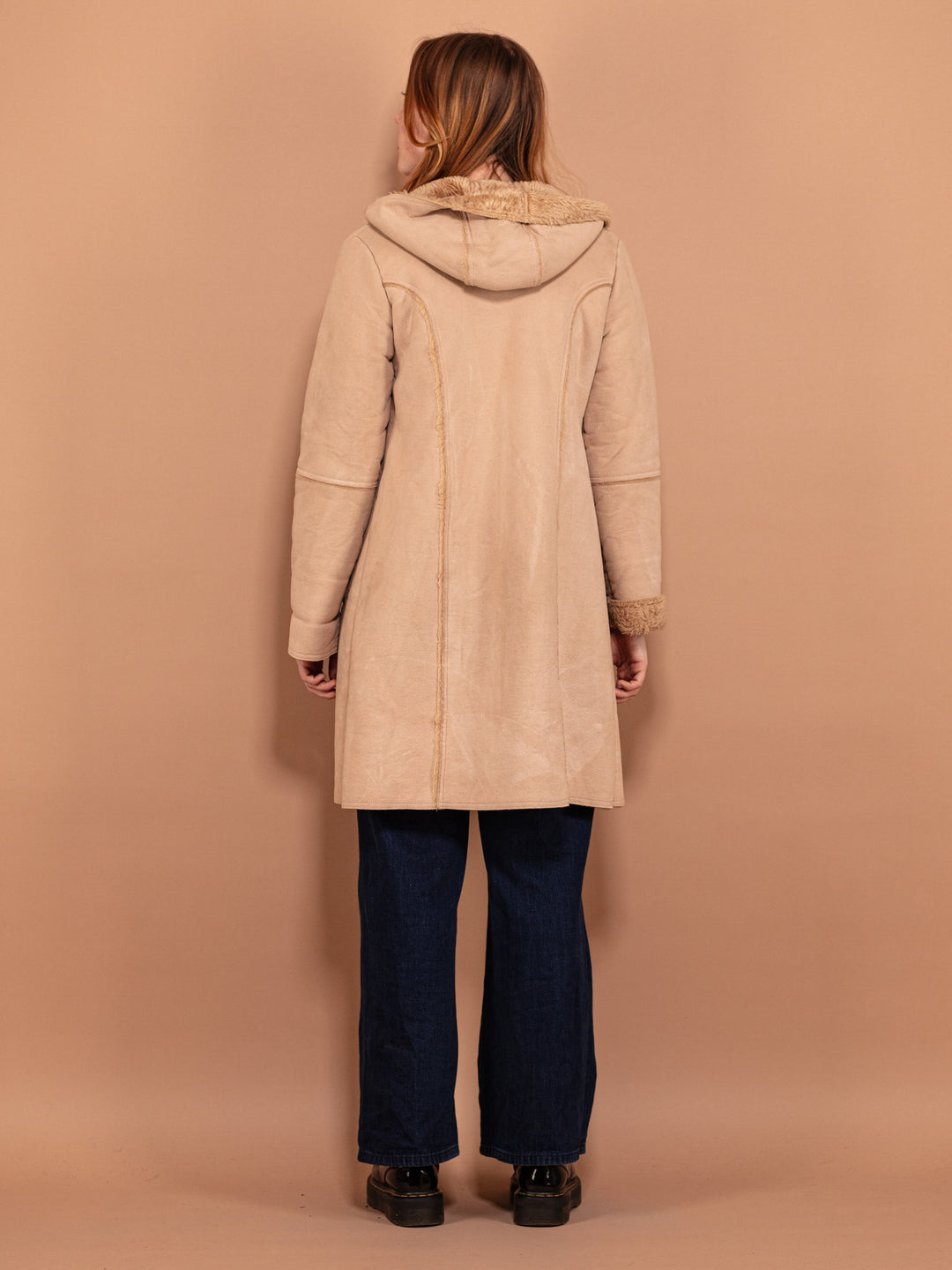 Vintage 00's Women Faux Sheepskin Longline Jacket in Beige - NorthernGrip