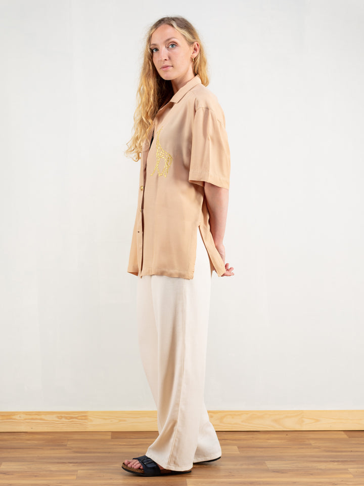 Vintage 80's Women Beige Summer Blouse - NorthernGrip