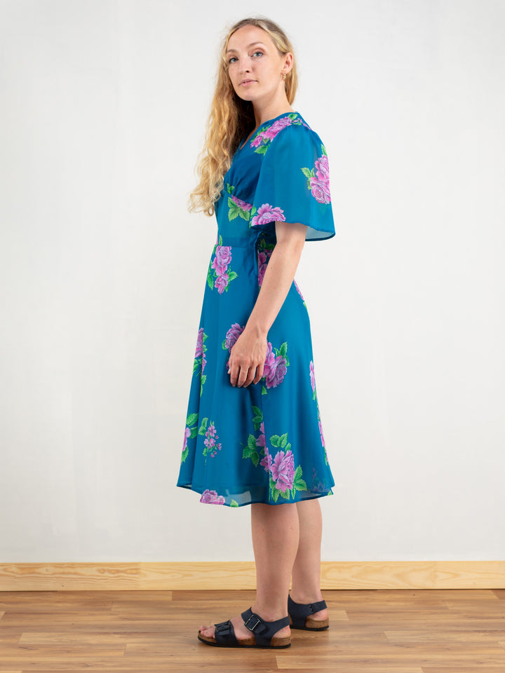 Vintage 70's Women Blue Floral Dress - NorthernGrip