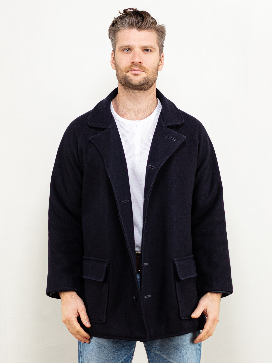Vintage 70's Men Wool Blend Coat in Navy Blue - NorthernGrip
