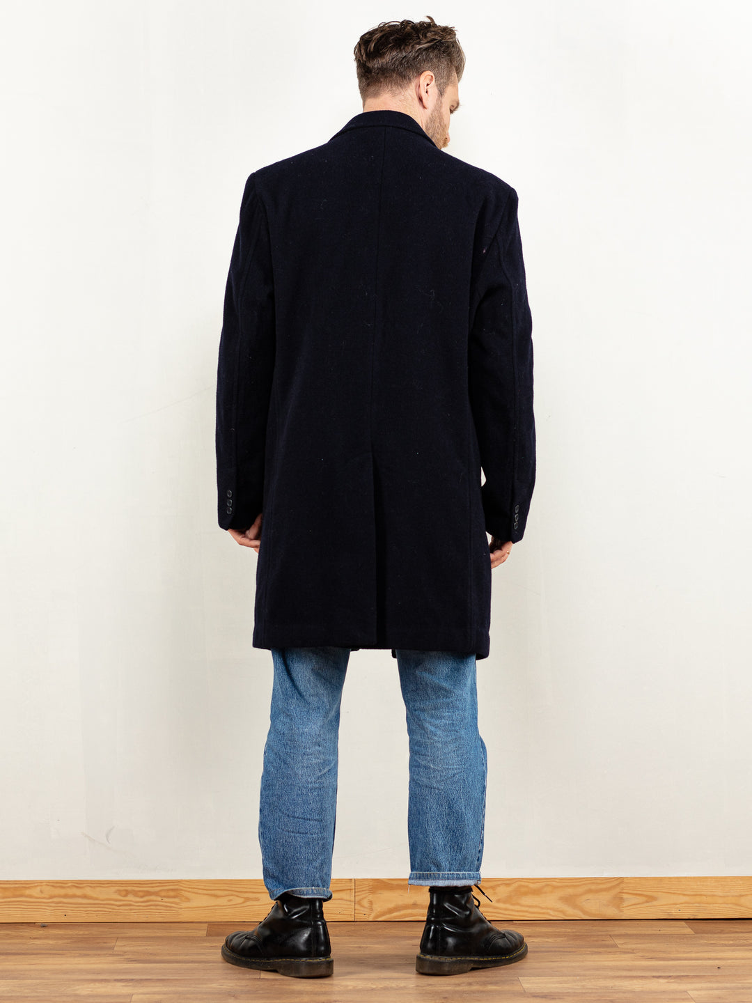 Vintage 80's Men Wool Blend Coat in Navy Blue - NorthernGrip