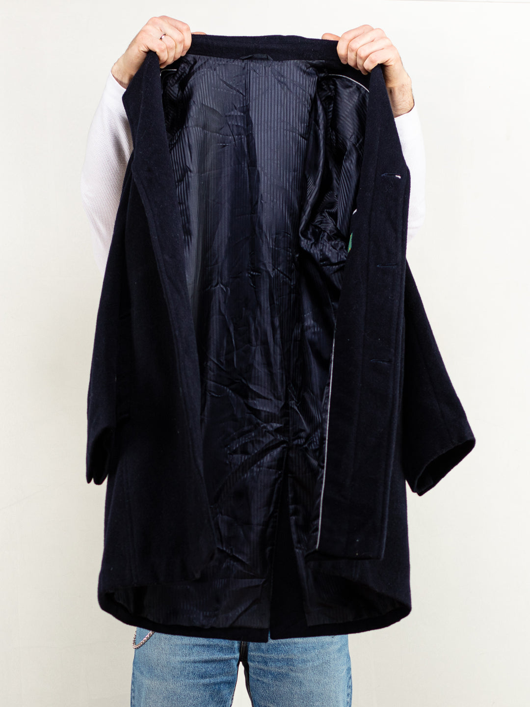 Vintage 80's Men Wool Blend Coat in Navy Blue - NorthernGrip