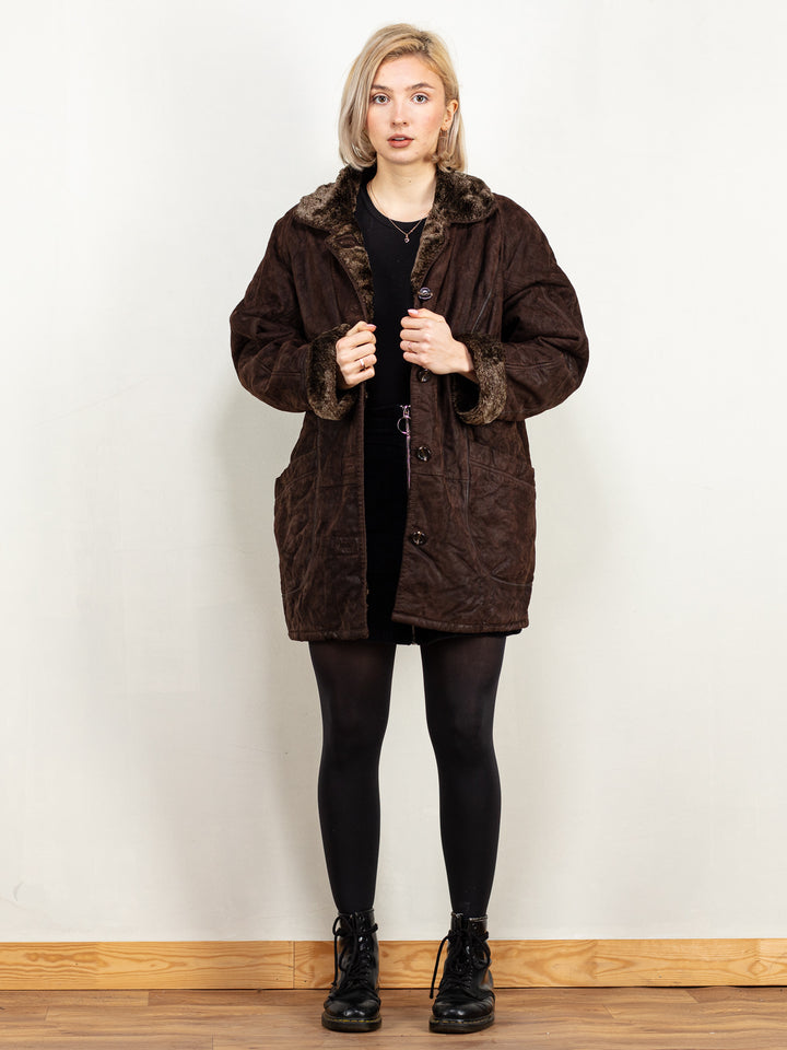 Vintage 90's Women Suede Sherpa Coat in Brown - NorthernGrip