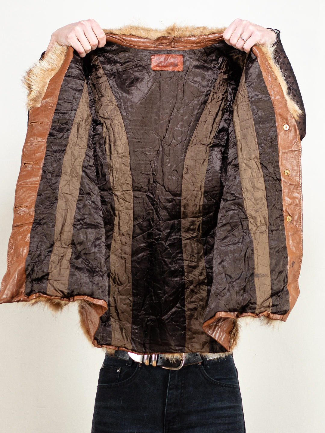 Vintage 80's Women Fox Fur and Leather Coat in Brown - NorthernGrip